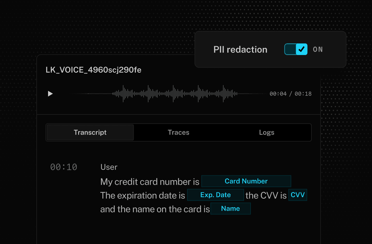 Agent Insights showing credit card details redacted from a synchronized transcript and audio recording.