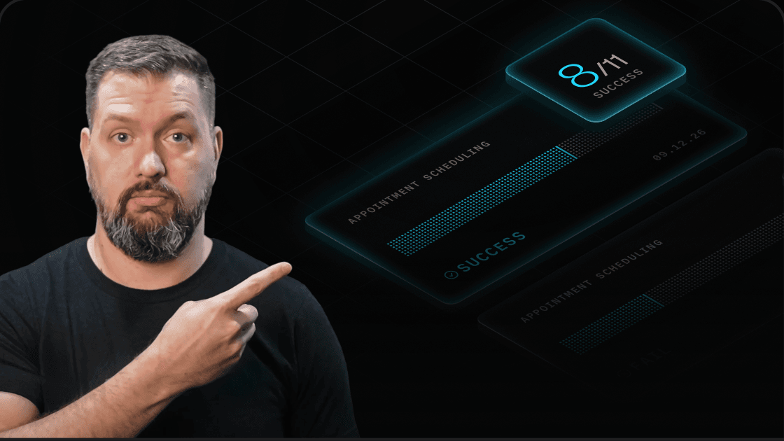 Presenter pointing to LiveKit Agent Simulations results.