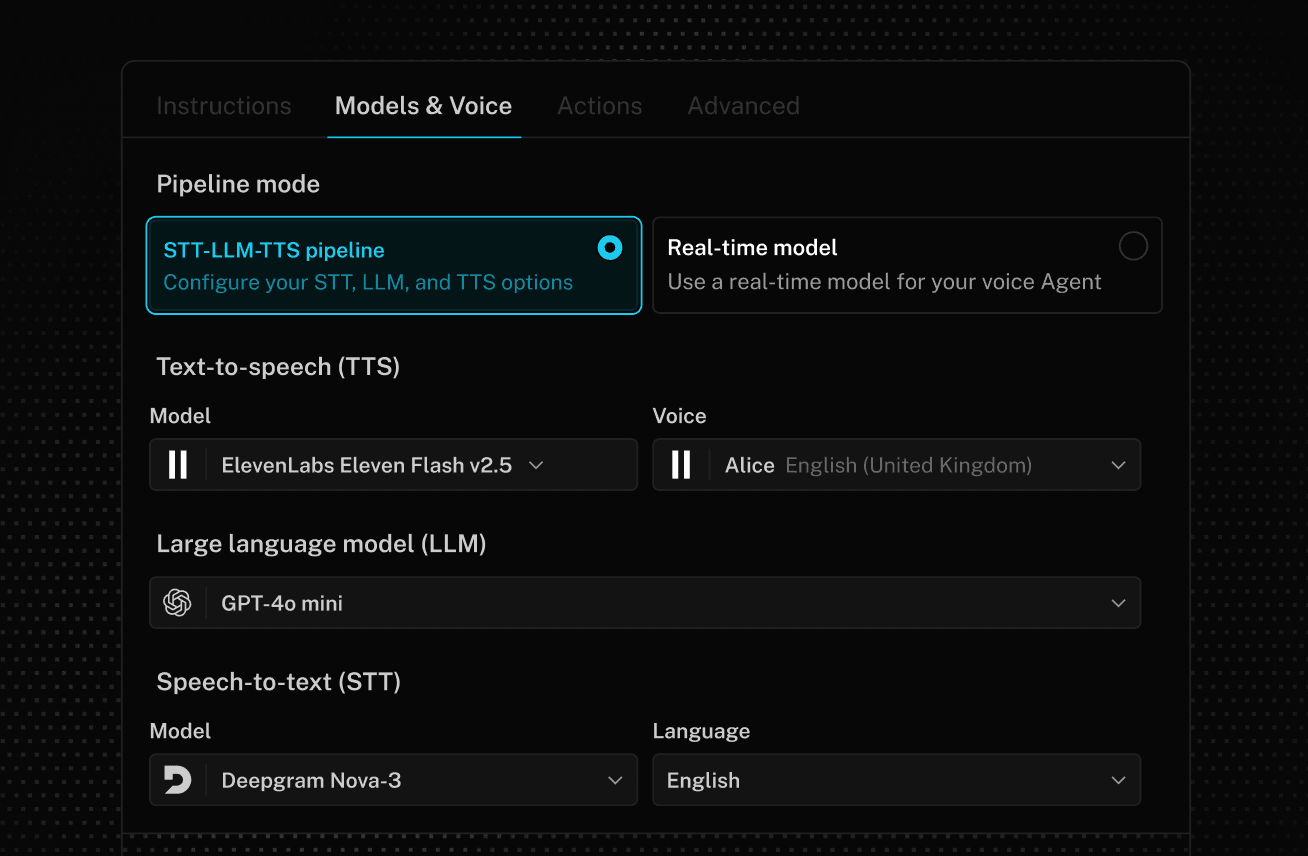 Models & Voice tab in Agent Builder