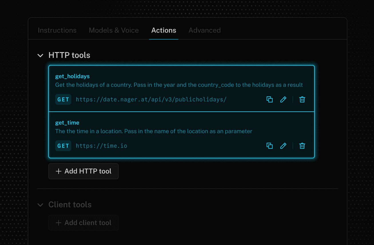 Actions tab in Agent Builder