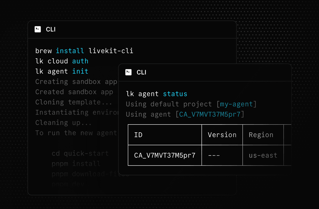 A screenshot of LiveKit CLI commands for creating an agent.