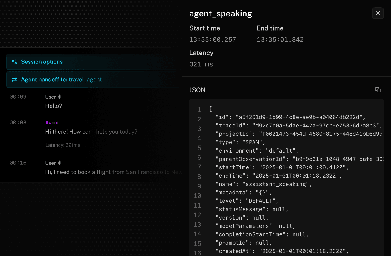 A screenshot of the LiveKit Cloud dashboard showing detailed observability logs.