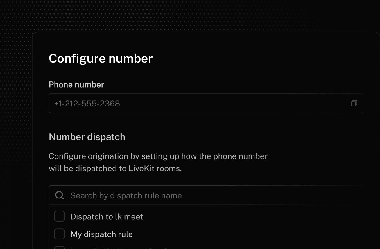Define dispatch rules for your voice agents to answer inbound phone calls without having to set up SIP trunks with a third party provider.