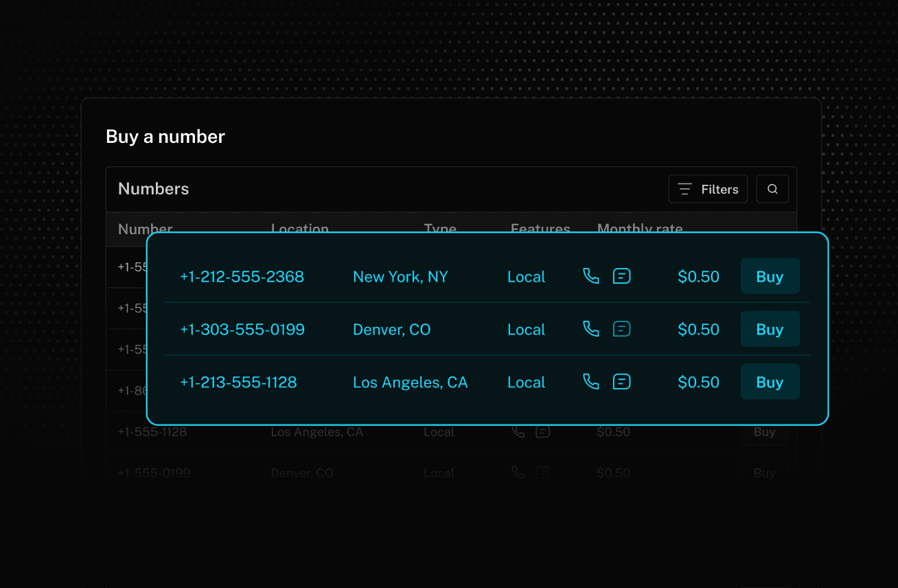 Buy phone numbers directly from LiveKit. Choose from available local or toll-free phone numbers in the US for inbound calling with the area code of your choice.