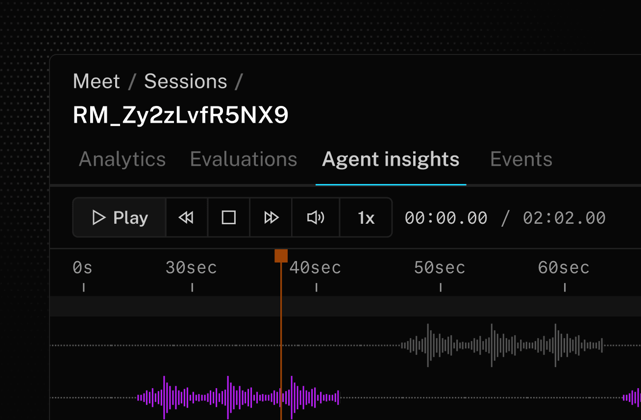 Review each request and function within an agent session, including synchronized audio recordings, transcripts, and traces.