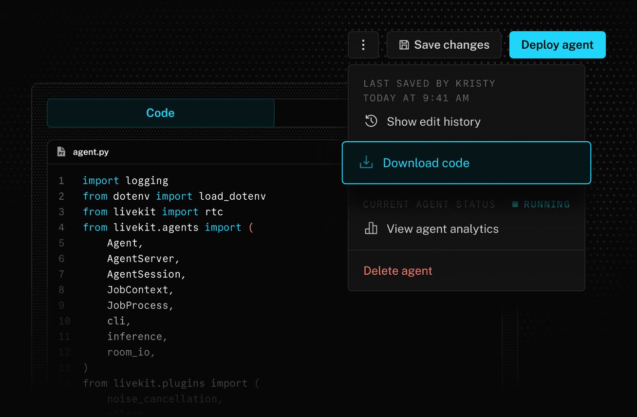 Image of Agent Builder UI displaying the convert to code button