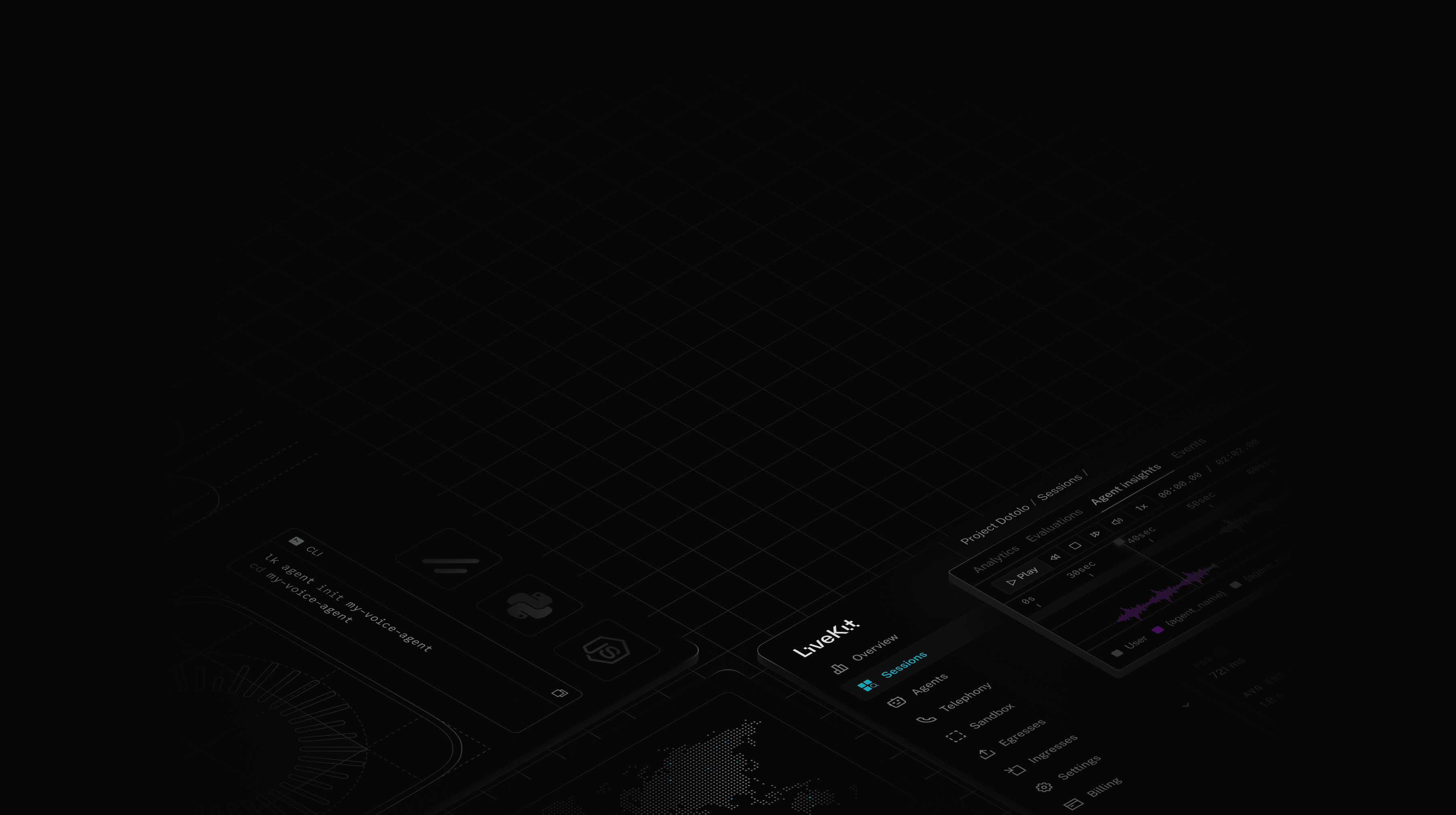 Hero image of LiveKit Cloud product screens overlaying a isometric grid.
